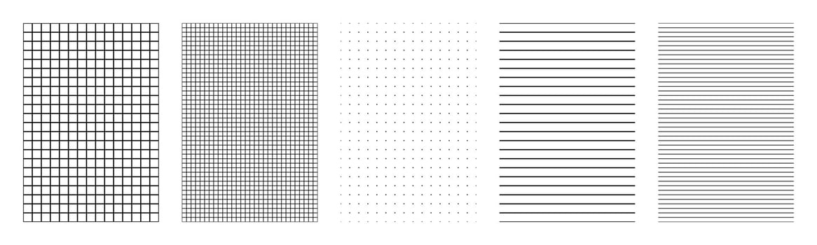 Black white geometric pattern set with square grid lines dotted paper ruled paper lined templates design collection for notebook planner bullet journal sketchbook background isolated on white vector