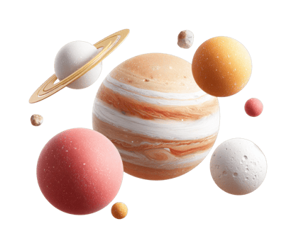 Vibrant collection of planets and moons with rings in space png