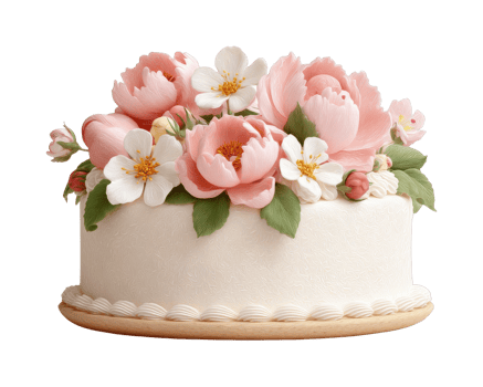 Elegant cake adorned with pink peonies and white blossoms for celebrations png