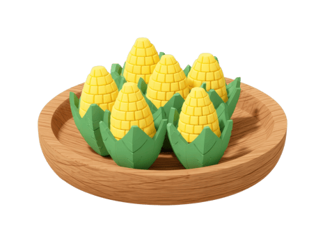 Toy corn on wooden plate displaying vibrant playful design png