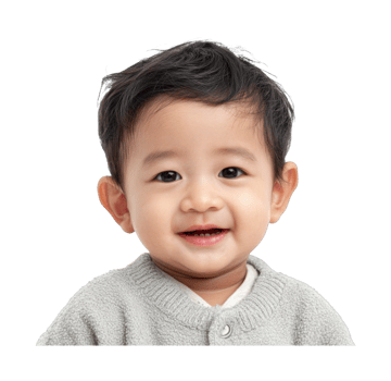 Smiling asian male toddler with dark hair and gray sweater png