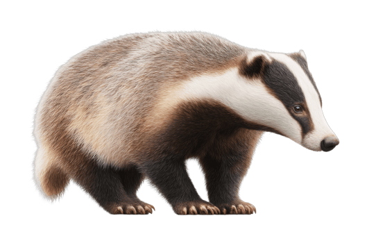 European badger with distinctive facial stripes standing sideways png