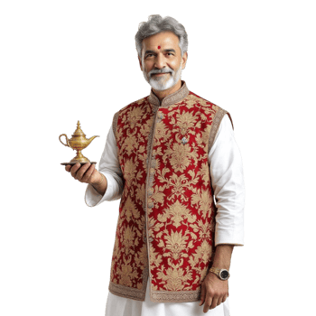 A man in a red and gold embroidered vest holding a gold object png