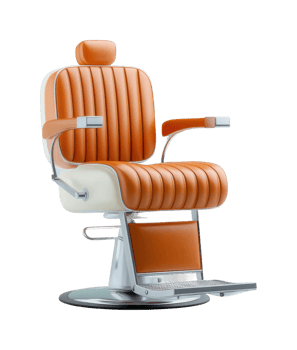 Vintage barber chair with orange cushions and footrest png