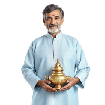 An indian man in a blue shirt holding a golden pot png