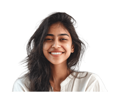 Smiling young asian female with long hair in a white blouse png