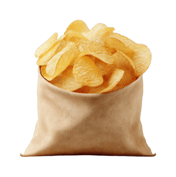 Crispy potato chips overflowing from open brown bag png