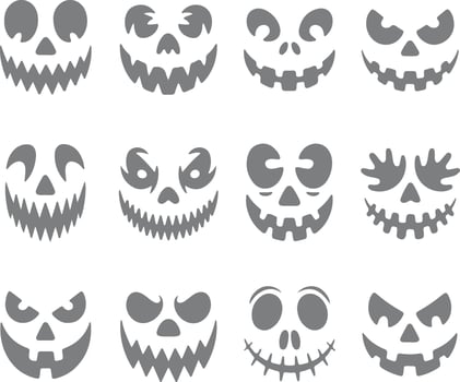 Twelve Gray Halloween Jackolantern Face Silhouette Designs Various Expressions Spooky Festive Carving Templates vector
