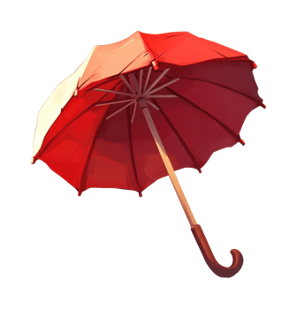 Red and white umbrella with wooden handle opened upward png