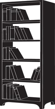 Black and white silhouette of a five shelf bookcase filled with books vector