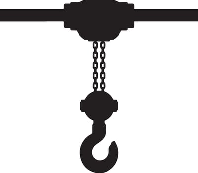 Black silhouette of a chain hoist with hook and pulley system vector