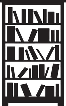 Black and white silhouette of a tall bookshelf filled with books vector
