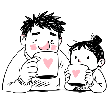 Man and girl drinking from mugs with pink heart. Sweet romantic moment and family bonding. Hand drawn simple illustration for greeting card design. png