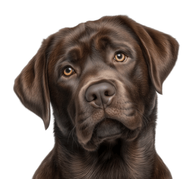 Chocolate Labrador Retriever dog with expressive amber eyes image isolated transparent. Brown lab soulful gaze cut out . Beloved pet domestic canine animal cutout photography png