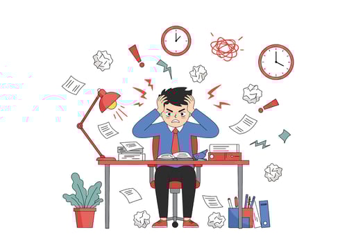 A man sitting at a desk with a lot of papers and other items around him vector