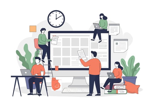 People working on a computer and a clock vector
