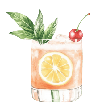 Refreshing summer cocktail with lemon, cherry, and mint garnishing on a clear glass png