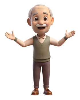 A 3D animated grandfather with a warm smile, holding out his arms for a hug. isolated on a transparent background png