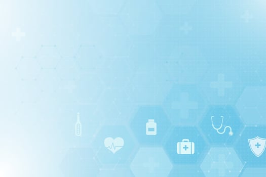 Medical abstract blue background with health symbols like stethoscope, heart, and first aid kit, ideal for healthcare and technology themes. vector