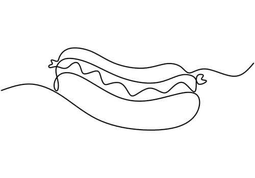 one continuous line drawing of hotdog isolated on white background. Fast Food minimalism concept. vector