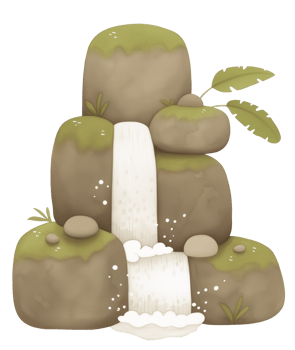 Waterfall flowing over stones with greenery in a serene natural setting during daylight hours png