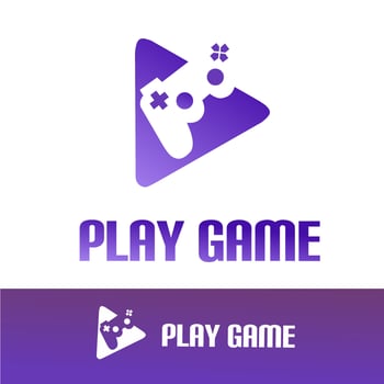 A bold and modern gaming logo with a purple gradient play button and game controller icon, representing games, entertainment, and digital play vector