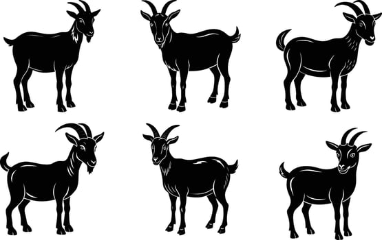 Six Black Goat Silhouettes Farm Animals Collection vector