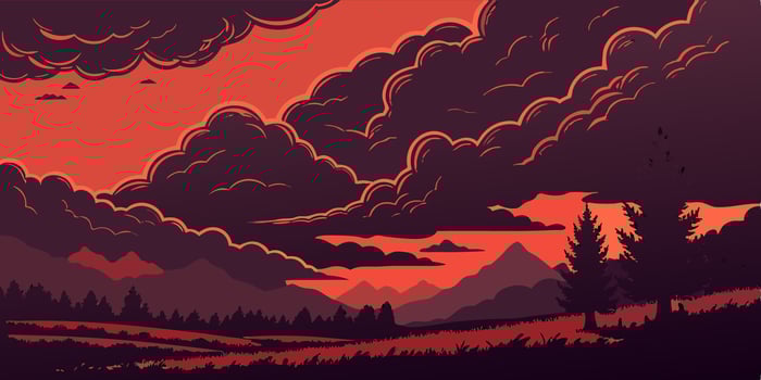Dramatic Sunset Landscape Mountains, Clouds, and Trees vector