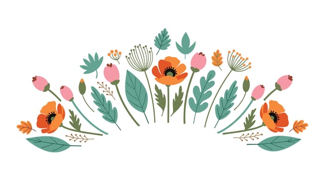 An Illustration Featuring a Floral Arrangement with Poppies and other Plants and Flowers vector