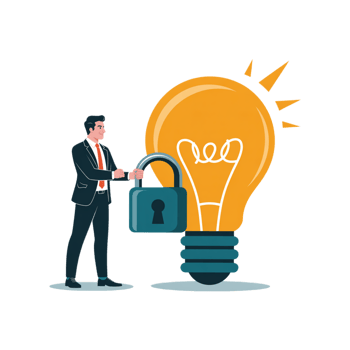 Secure Business Ideas Protection Concept Illustration featuring a businessman unlocking a padlock on a bright lightbulb symbolizing innovative solutions and intellectual property safeguarding png