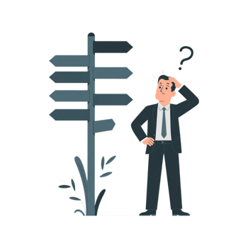 A businessman contemplates a decision at a crossroads signpost signifying choices and uncertainty in business strategy and career paths png
