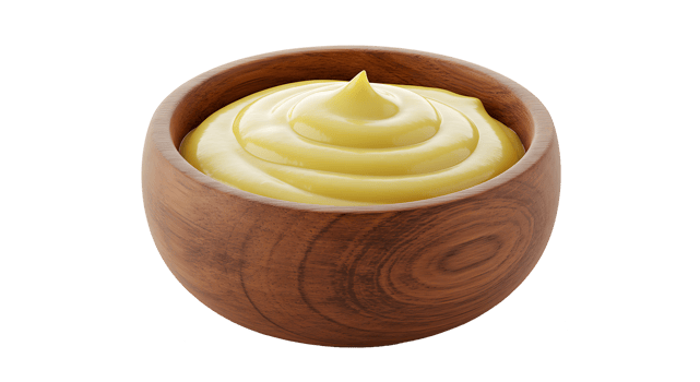 Delicious creamy mustard in wooden bowl isolated on transparent background png