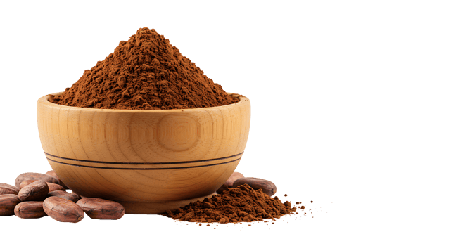 Wooden bowl of cocoa powder with cocoa beans isolated on transparent background png