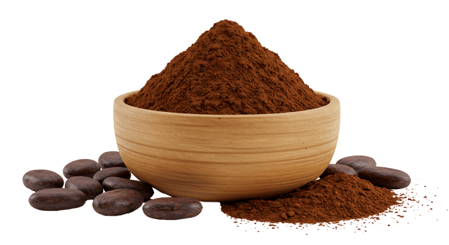 Cocoa powder in wooden bowl with cacao beans isolated on transparent background png