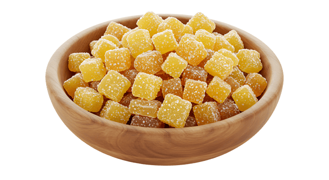 Candied ginger cubes in wooden bowl isolated on transparent background png