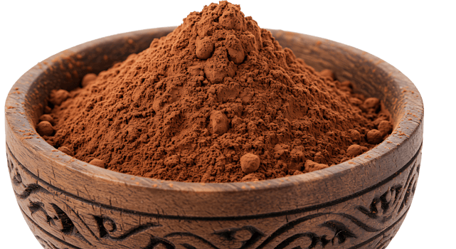 Cocoa powder in a carved wooden bowl isolated on transparent background png