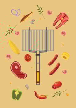 Grill grate with meat, fish, vegetables, and herbs arranged around it. Includes steak, sausages, corn, and chili. Suitable for BBQ, picnic or food related designs. vector