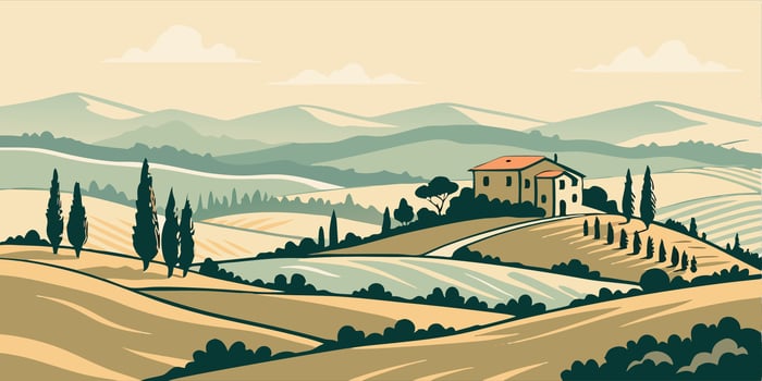 Tuscan Countryside Landscape Rolling Hills, Villa, and Cypress Trees vector