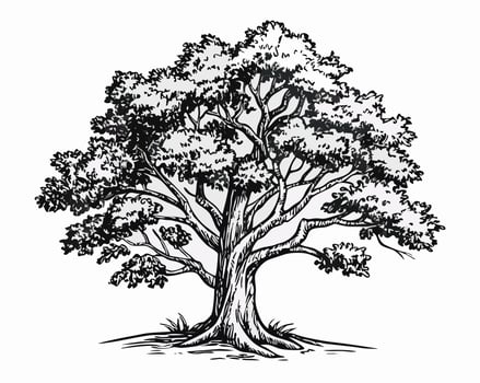 Hand drawn Black and White Illustration of a Large Oak Tree vector
