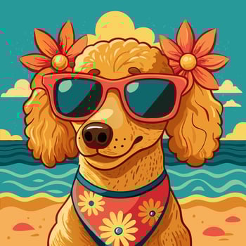 Cute Poodle Dog at the Beach Wearing Sunglasses vector