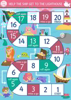 Mermaid dice board game for children with cute sea princess. Marine boardgame with lagoon landscape. Fairytale ocean printable activity, worksheet. Help the ship get to lighthouse vector