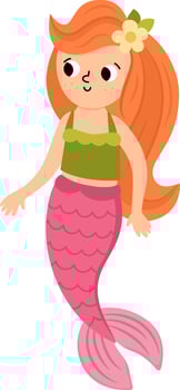 Fairy tale mermaid with red hair. Fantasy fish girl isolated on white background. Fairytale sea princess. Treasure island, pirate, underwater adventure icon. Cute girlish siren character vector