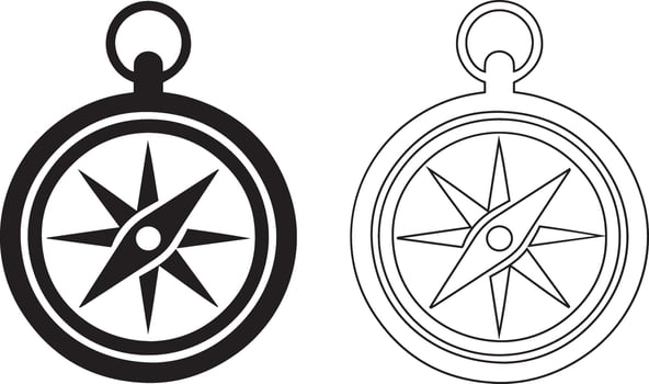 Simple black and white line art illustrations of vintage compasses. vector