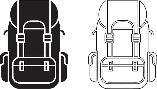 Adventure hiking backpack black and white silhouette and line art outline set icons vector