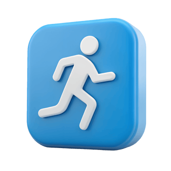 3D Render of Running Man Icon on Blue Square Button Active Lifestyle Fitness App Movement Symbol png