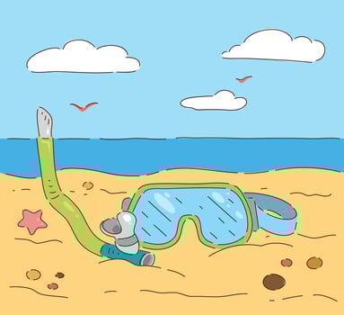 Bright and Colorful Snorkeling Gear Gracefully Spread Out on the Soft, Sandy Beach vector