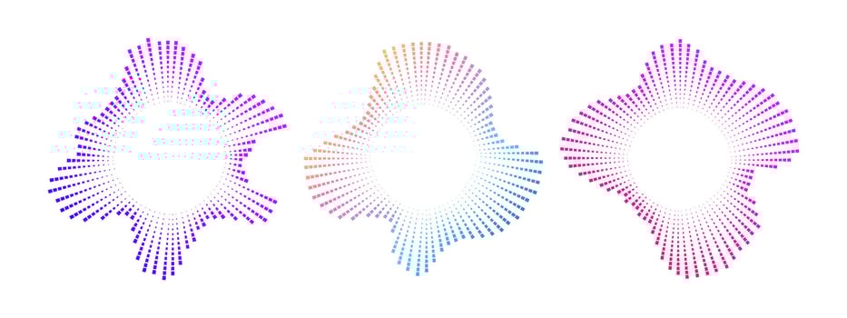 A set of circular multicolor burst ray equalizers . Radial sound, frequency sound neon waves . Pulsating music design element, voice graphic signal, circular waves . radial spectrum. vector