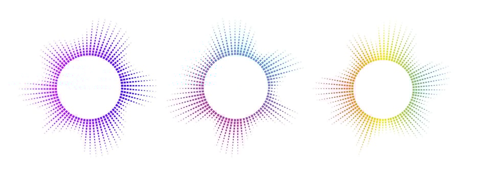 A set of multicolor equalizers made of burst beams . Radial sound, neon sound waves. Music symbol, circular sound waves, digital communication. radial spectrum. vector
