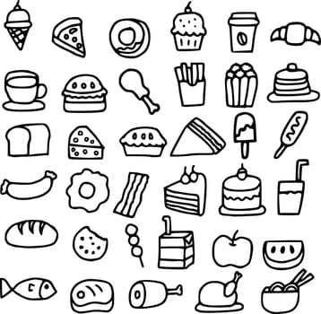 Set of hand drawn food ingredient and drink doodles.Cafe, bakery, meat, fruit and fast food.Kitchen or restaurant.Street food.Sign, symbol, icon or logo. vector