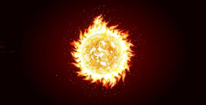 Fiery sphere with solar explosion energy, glowing plasma, cosmic danger heat. Blazing fireball for global disasters graphic, wildfires, volcanic eruptions news, climate crisis. illustration vector
